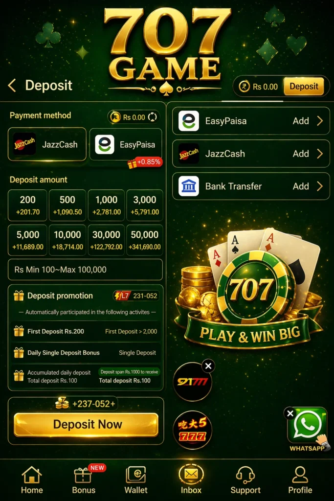 707 game deposit and withraw