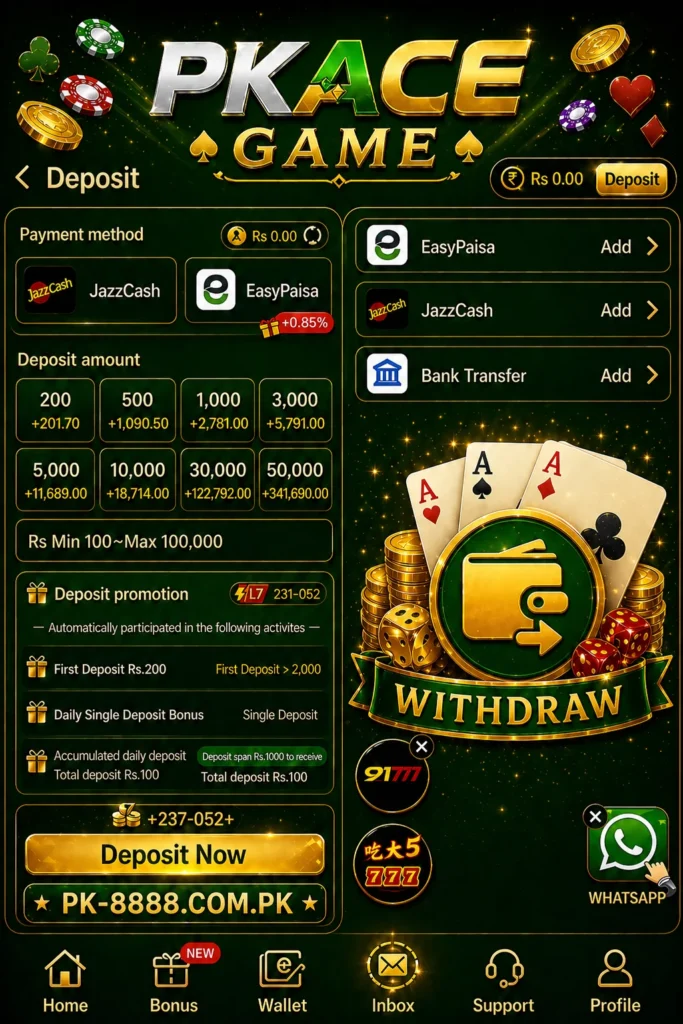 pkace game deposit and withraw