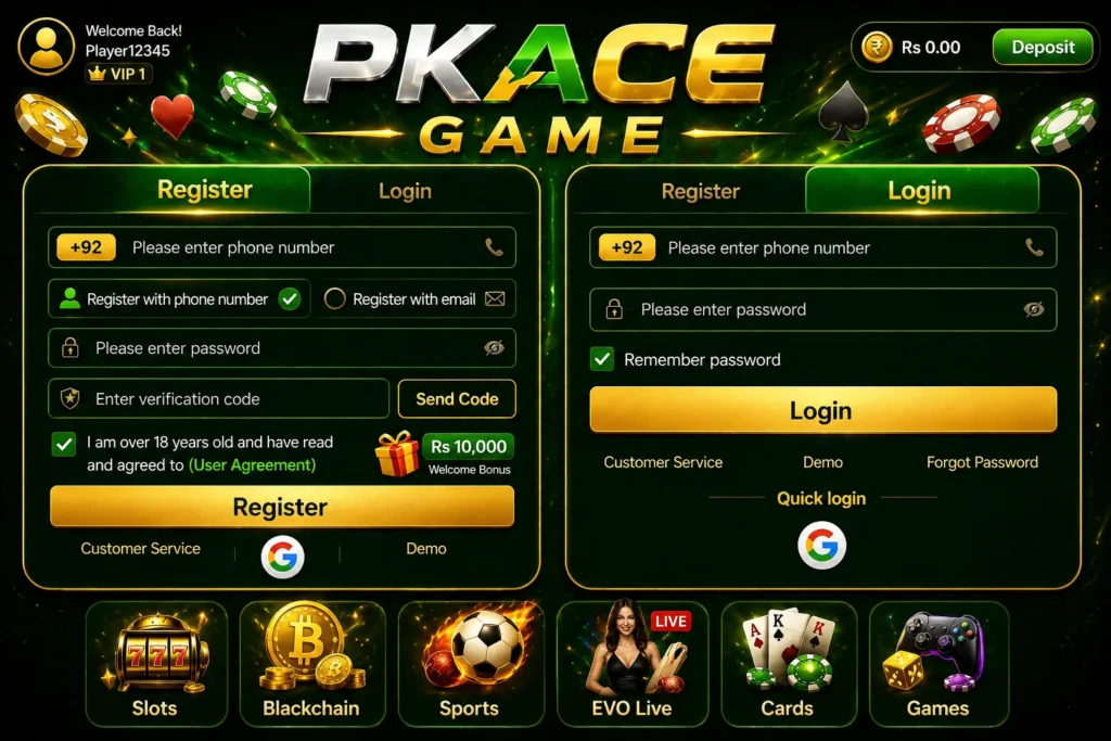 pkace game register and log in